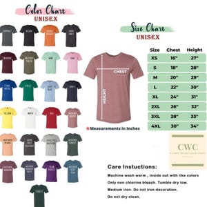 May include: A color chart and size chart for unisex t-shirts. The color chart displays various shirt colors, including black, red, and navy. The size chart shows chest and height measurements in inches, ranging from XS to 4XL. Care instructions are also included.