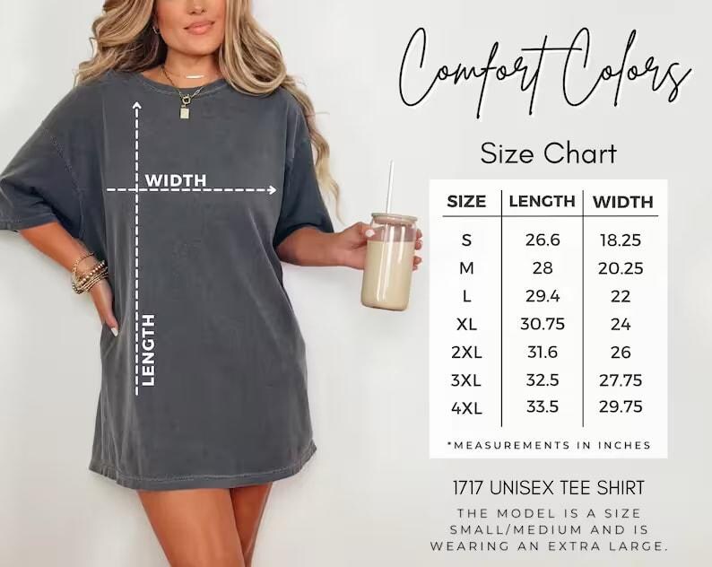 a woman wearing a grey t-shirt and holding a drink, with a size chart and measurements for the t-shirt displayed.