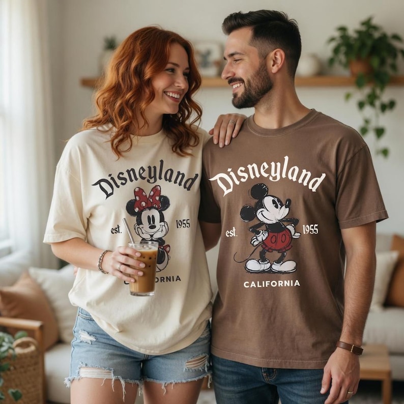 May include: Two people wearing matching Disneyland t-shirts. One shirt is cream-colored with a Minnie Mouse graphic, the other is brown with a Mickey Mouse graphic. Both shirts have the Disneyland logo and the year 1955.