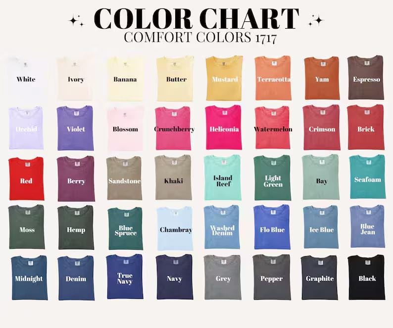 a color chart with various comfort colors from 1717, arranged in a grid format. The chart features a diverse range of colors, including white, ivory, banana, butter, mustard, terracotta, yam, espresso, unripe, violet, blossom, cruncher, heliconia, watermelon, cranberry, brick, red, berry, khi, island reef, light green, sandstone, khaki, island reef, light green, sefoam, moss, Hemp, blue spruce, blue denim, blue jeans, ice blue, black, and grey.