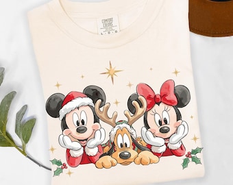 Maglietta natalizia Disney Topolino e Pluto, maglietta con grafica di renne e amici per le vacanze, maglietta coordinata carina, regalo per vacanze in famiglia, felpa coordinata