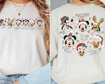Maglietta natalizia Disney con Topolino e i suoi amici, maglietta con grafica natalizia su entrambi i lati, top coordinato carino, regalo per una gita al parco a tema, felpa coordinata