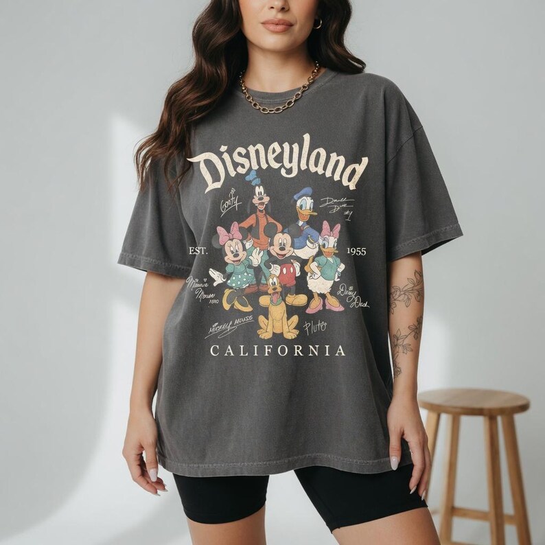 May include: Dark grey t-shirt with the Disneyland logo and a graphic of Disney characters such as Mickey Mouse, Minnie Mouse, Donald Duck, and Goofy. The shirt also has the text "CALIFORNIA" and "EST. 1955".