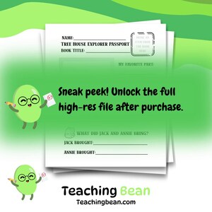 May include: A white paper Tree House Explorer Passport worksheet featuring fields for name, book title, favorite part, and what Jack and Annie brought, with a box to draw an item. A green bean character with glasses holds a pencil and paper.