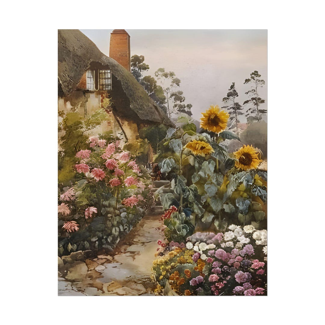 Cottage Garden Sunflower Poster, Vintage Floral Landscape Wall Art ...