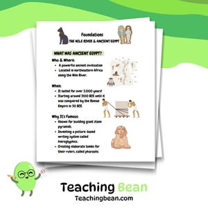 May include: An educational worksheet titled Foundations: The Nile River & Ancient Egypt. It includes text about the civilisation's location, timeline, and achievements, accompanied by illustrations of a cat, mummy, map, pyramid builders, and the Sphinx.