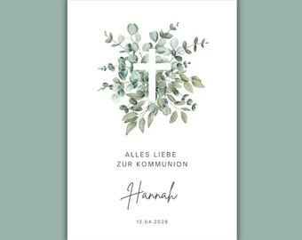 Tarjeta de comunión personalizada para imprimir | Descarga de tarjeta de comunión imprimible con nombre y fecha | Tarjeta plegable DIY con cruz de eucalipto, diseño moderno