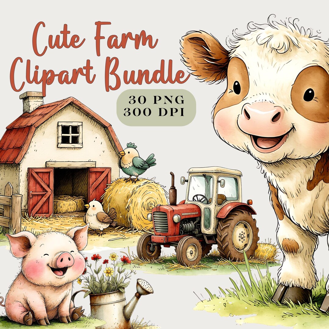 Watercolor Cute Farm Animal Clipart Bundle, Cow Pig Tractor Clipart ...