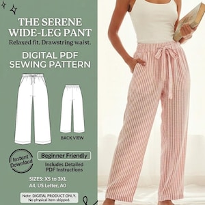 Peut inclure: Patron de couture PDF numérique pour le pantalon large Serene. L'image présente un pantalon large à rayures roses et blanches avec une taille à cordon. Le patron comprend les tailles XS à 3XL et est adapté aux débutants.