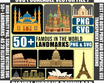 50+ World Landmarks SVG PNG Bundle, Travel Icons, Cricut Silhouette Files (Digital Arts)