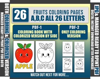 A-Z Fruit Coloring Pages Bundle, Alphabet Fruits PNG, Kids Educational Coloring Book (PDF Download)