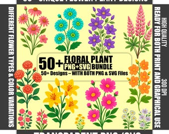 Floral SVG Bundle | 50+ Botanical Illustrations, Transparent PNG (Digital Download)