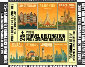 World Landmarks Travel Poster Set, City Illustration Art (Digital Download)