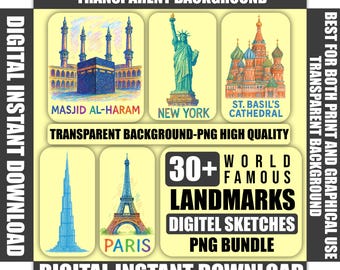 30+ World Landmarks Sketch Clipart, Travel Art PNG Bundle (Digital Download)