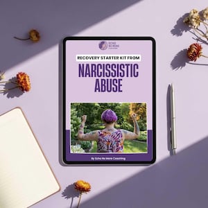 May include: A tablet displays a recovery starter kit from narcissistic abuse. The tablet is surrounded by a notebook, pen, and dried flowers on a lavender surface. The tablet's screen features a person with purple hair.