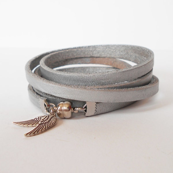 silver leather wrap bracelet, unisex angel wings cuff bracelet, mens leather bracelet, minimalist modern rocker style, gift for her him