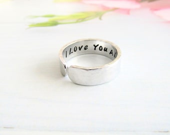 Hidden Message Ring, Handstamped Aluminium 6mm Cuff Ring, Personalised Ring, Adjustable Ring, Open Ring, Customised Ring, Mens Womens Ring