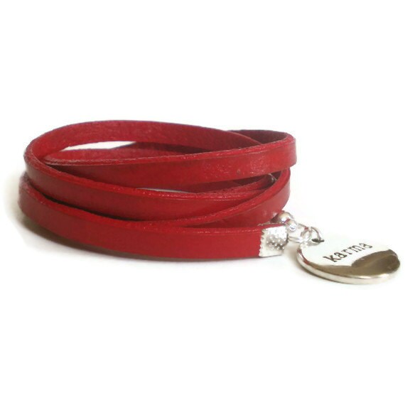 Items similar to red leather wrap bracelet, silver karma charm cuff
