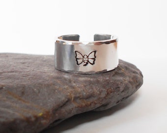 butterfly semi colon ring, handstamped aluminium cuff ring, semicolon jewelry, 10mm adjustable open ring, mens womens ring, gift for him her