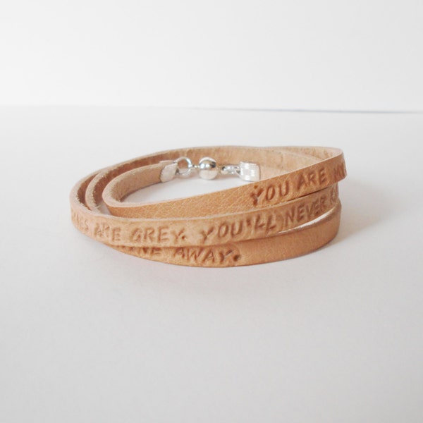 personalised leather wrap bracelet, you are my sunshine leather cuff,  handstamped leather cuff, customised unisex cuff, quotation cuff