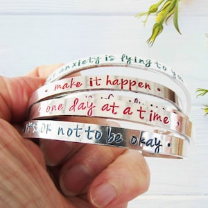 Motivational Aluminium Cuff Bracelet, Personalised Hand Stamped Mental Health Bangle, Positive Inspirational Jewellery, Friendship Gift