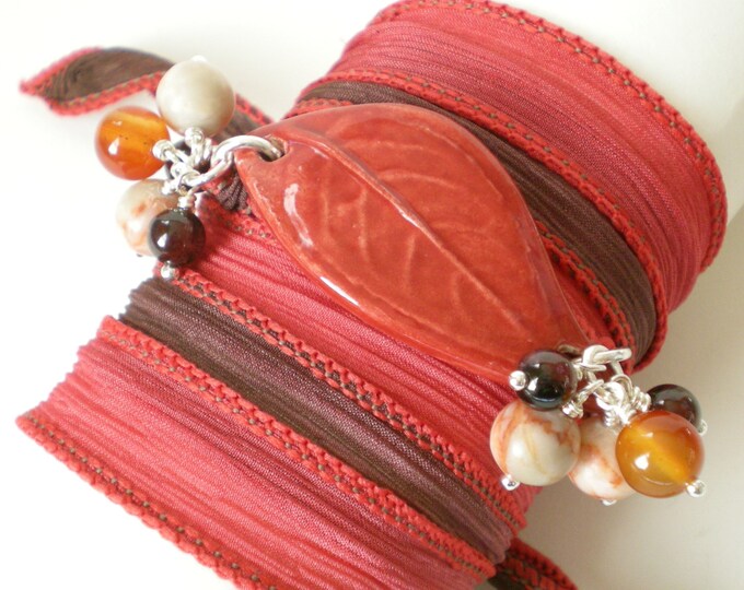 Red Ribbon Wrap Bracelet, Gemstone Silk Ribbon Wrap, Yoga Inspired