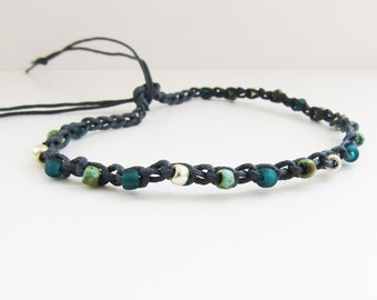 Teal & Silver Anklet, Beaded Ankle Bracelet, Adjustable Crochet Anklet, Bohemian Surfer Style, Festival Jewelry, Beachwear, Gift for Her