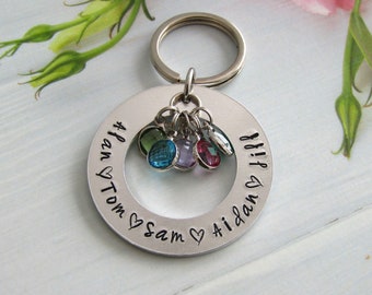 Family Birthstone Keyring, Personalised Names Keychain, Mother's Day Gift for Nanny Mummy, Crystal Birthstone Bag Charm