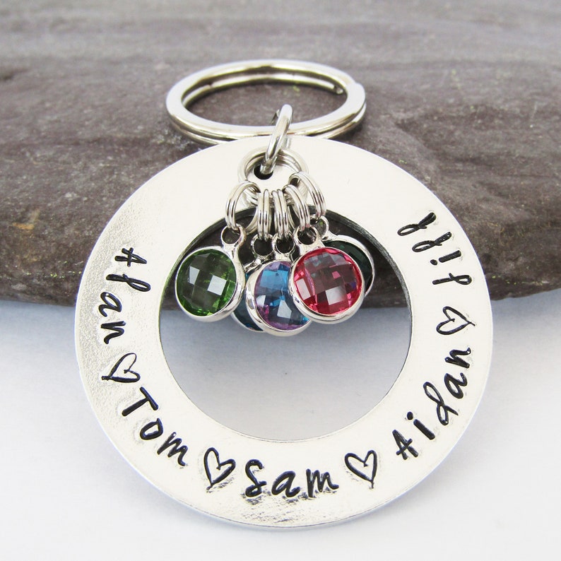 Family Birthstone Keyring Personalised Names Keychain Etsy