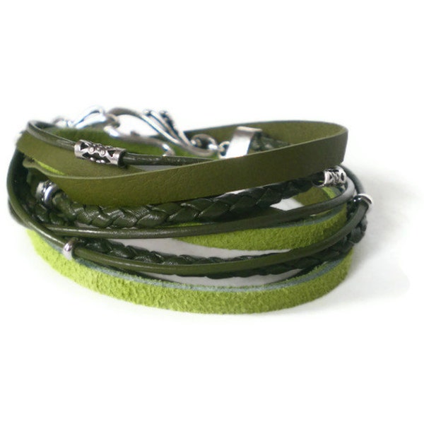 green leather wrap bracelet, boho, leather, suede, silver beads, rocker, double wrap