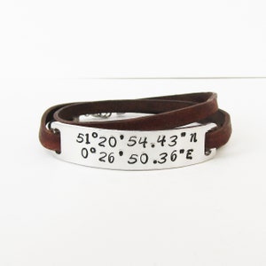 Personalised Coordinates Leather Bracelet, Hand-Stamped Co-ordinates Wrap Bracelet, GPS Location Jewellery, Custom Latitude Longitude Gift