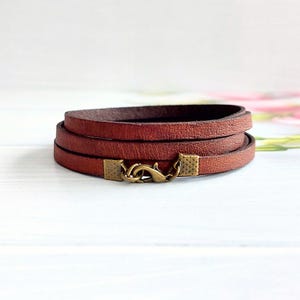 Brown Leather Wrap Bracelet: Distressed Brown Leather Cuff with Bronze-tone Finish, Minimalist Jewellery Gift