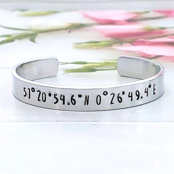 Personalised Coordinates Bracelet, Hand Stamped Wide Aluminium GPS Bracelet, Latitude Longitude Gift, Special Place Husband Boyfriend Gift