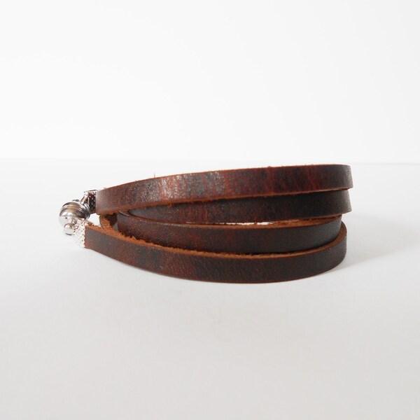 brown leather wrap bracelet, mens leather bracelet, distressed leather cuff, boho jewelry, rocker style cuff, unisex brown bracelet