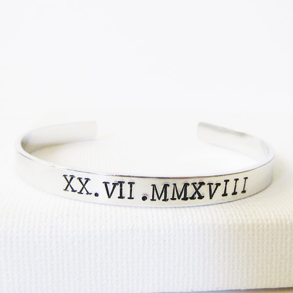 Personalised Roman Numeral Cuff Bracelet, Custom Date Gift, Personalised Anniversary Gift for Couples, Christmas Gift for Husband Wife