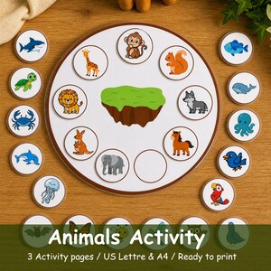 Peut inclure: Jeu d'activité sur le thème des animaux avec un plateau circulaire et des jetons d'animaux. Le plateau a une bordure marron et une île verte. Les jetons présentent des illustrations d'un requin, d'une tortue, d'un crabe, d'un dauphin, d'une méduse, d'un singe, d'une girafe, d'un lion, d'un kangourou, d'un éléphant, d'un écureuil, d'un loup, d'un cheval, d'un poisson, d'une baleine, d'une pieuvre, d'un oiseau et d'un perroquet.