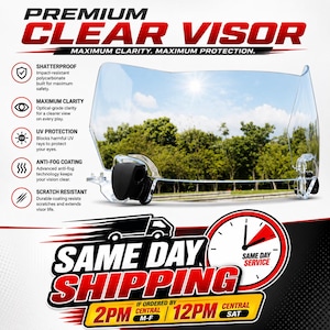 May include: A clear, curved polycarbonate sports visor featuring text that reads PREMIUM CLEAR VISOR, MAXIMUM CLARITY. MAXIMUM PROTECTION. It lists features including shatterproof, maximum clarity, UV protection, anti-fog, and scratch resistant.