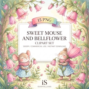 Puede incluir: Un conjunto de imágenes prediseñadas digitales con 15 archivos PNG titulado Sweet Mouse and Bellflower Clipart Set. La imagen muestra dos ratones de dibujos animados con vestidos azules de lunares y bufandas rosas, rodeados de flores.