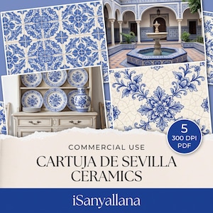Blue Tile Junk Journal Kit, 5 PACK PAGES, Commercial Use, Antique Azulejos Ephemera Paper, Printable Mediterranean Fountain Portuguese