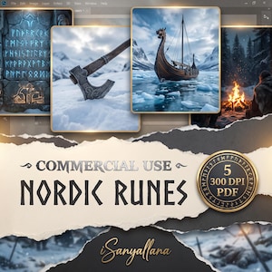 Lyxigt skräpjournalkit med vikingarunor, 5-pack sidor, kommersiellt bruk, antikt långskepps-ephemerapapper, utskrivbart nordisk mytologi, keltisk.