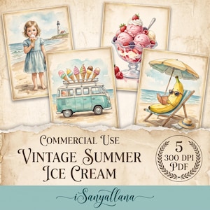 Vintage Summer Beach Junk Journal Kit, 5 PACK PAGES, Commercial Use, Antique Strawberry Ephemera Paper, Printable Retro Seaside Girl.