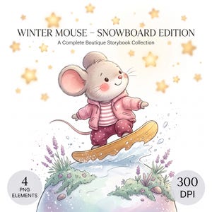 Luxury Cute Mouse Snowboarding Clipart Set, 4 PACK PNG, Commercial Use, Transparent Background, Pencil and Airbrush Baby Mouse Winter Sports