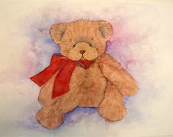 May include: A brown teddy bear with a red bow sitting on a purple and pink watercolor background.