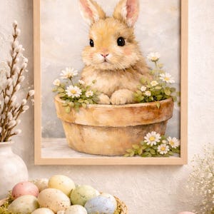 Lámina decorativa de conejito primaveral para imprimir, 8x10, decoración infantil con conejito, conejito en maceta de estilo vintage, lámina de conejito estilo cottagecore, descarga instantánea.