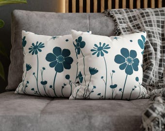 Teal Blue Boho Floral Pillow Cover, Modern Farmhouse Teal Pillow, Cute Boho Style Throw Pillow for Couch, Bed, Living Room, or Gift