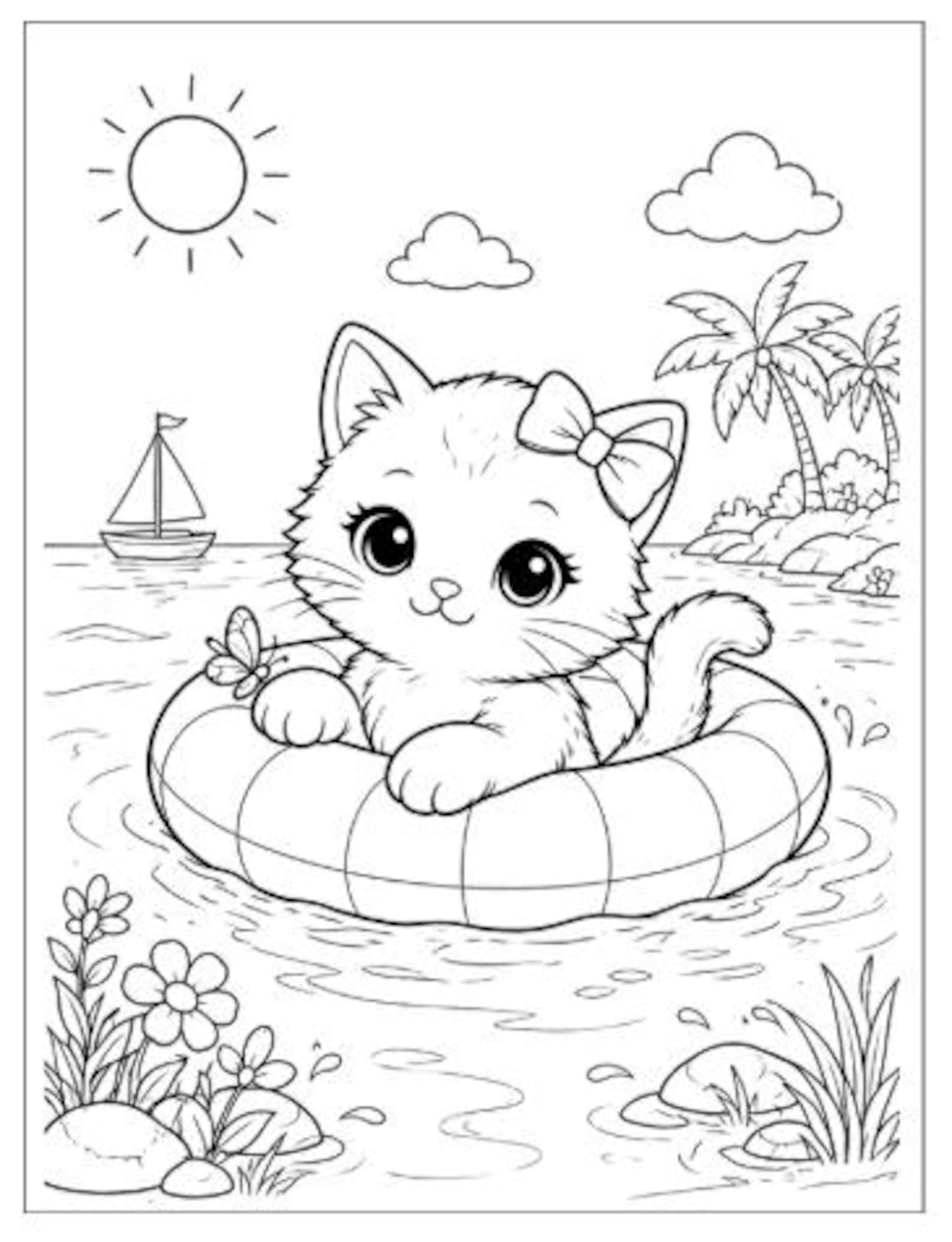 Cute Kitten Coloring Pages for Kids, 20 Adorable Summer Cat Coloring ...