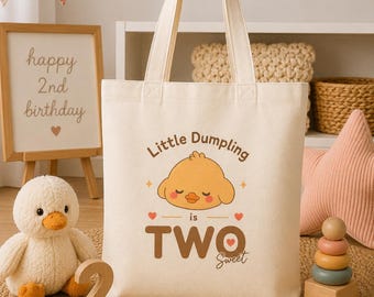 Little Dumpling Is TWO Sweet Tote Bag, 2nd Birthday Gift Bag, Cute Duck Canvas Tote, Second Birthday Party Tote, Toddler Birthday Gift