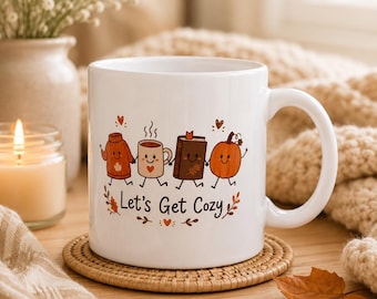 Let's Get Cozy Mug, Handmade Sublimated Fall Coffee Mug, Cute Autumn Ceramic Coffee Cup, Pumpkin Mug, Cozy Gift for Her, Fall Kitchen Decor