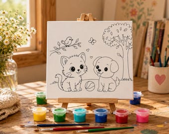 Cute Kitty & Puppy Paint Canvas Kit for Kids, DIY Painting Activity, Children's Art Kit, Paint Party Craft,  Preschool Art, Birthday Gift