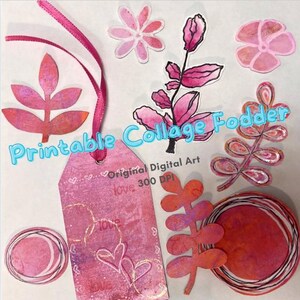 May include: Printable collage fodder digital art featuring pink and red floral and leaf designs. The art is 300 DPI and includes the text "Original Digital Art 300 DPI" and "Love".